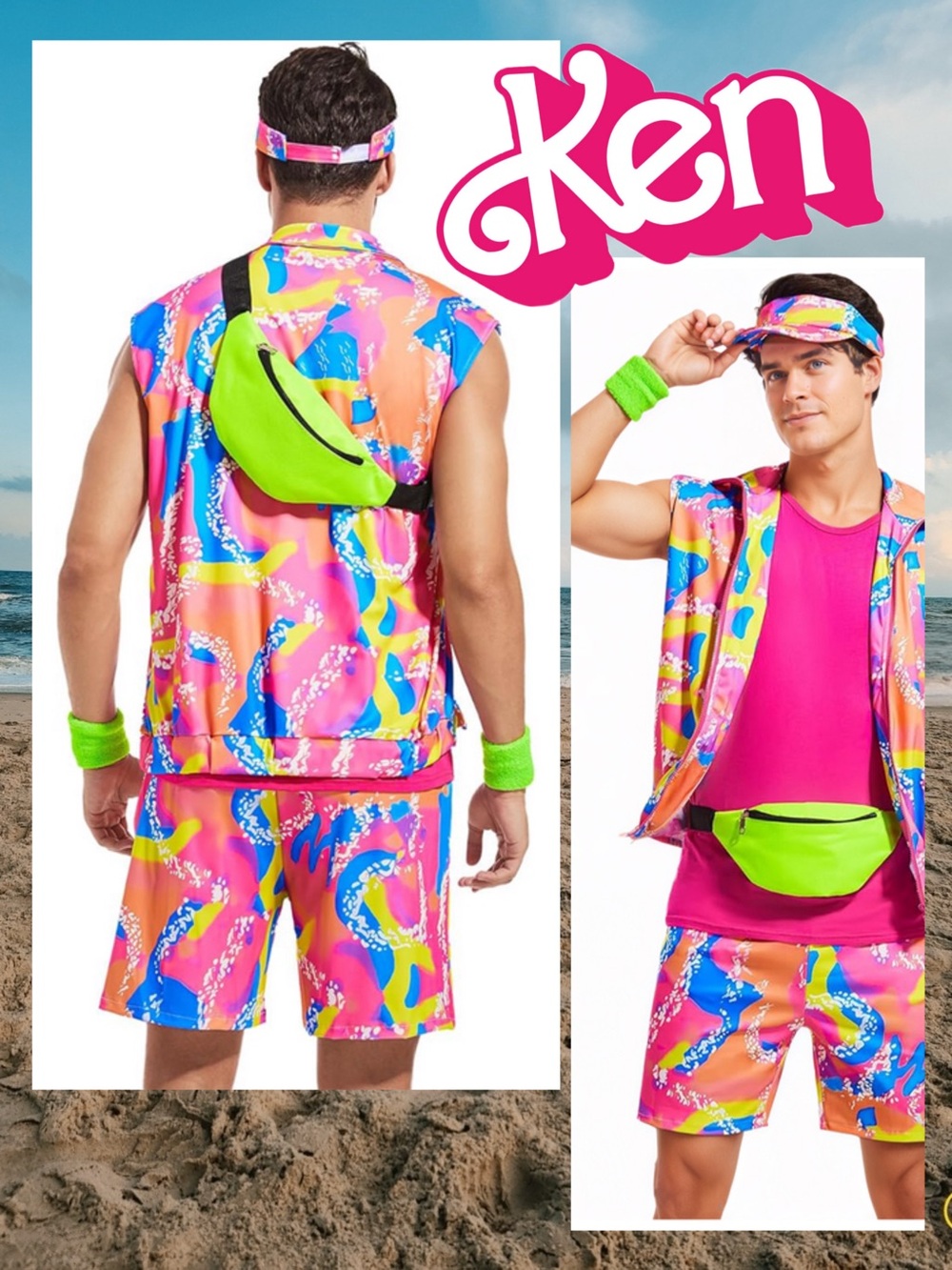 Men's Neon Ken Costume Sleeveless Zip Vest & Shorts Set